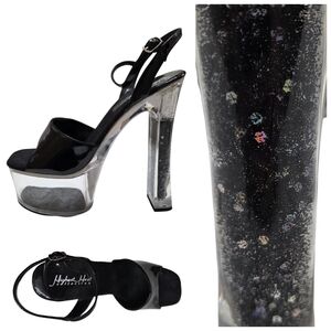 THE HIGHEST HEEL Black Patent Glitter Liquid Flat Chunky Platform Heels Size 8